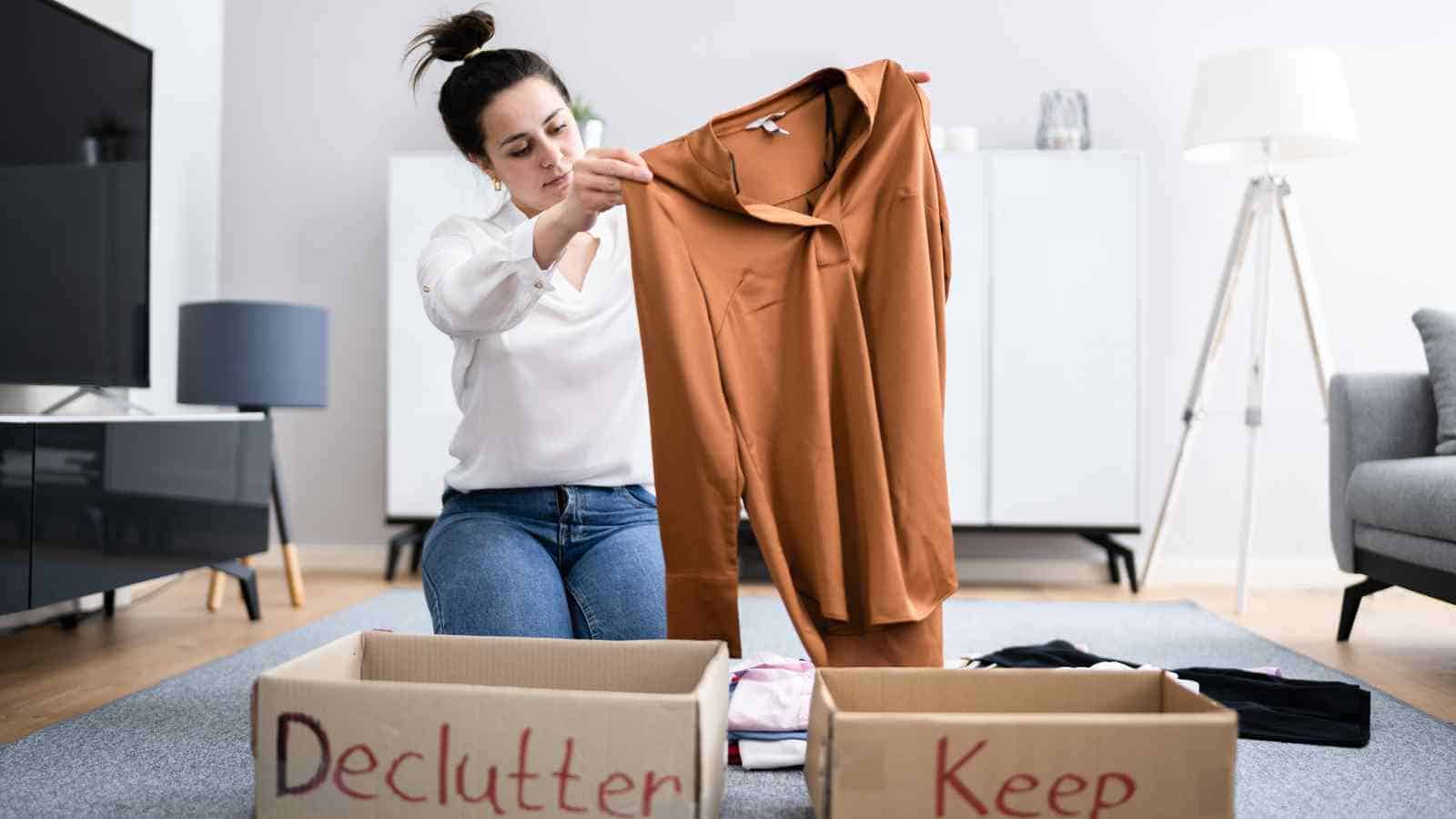 A woman sits on the floor sorting clothes, holding up a brown shirt, with boxes labeled "Declutter" and "Keep" in front of her.