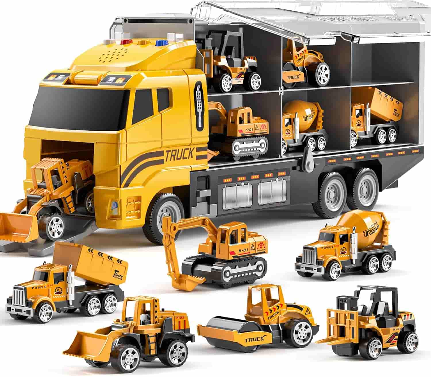 A large yellow toy transport truck with multiple smaller yellow construction vehicle toys, including excavators, dump trucks, and bulldozers, displayed around and inside it.