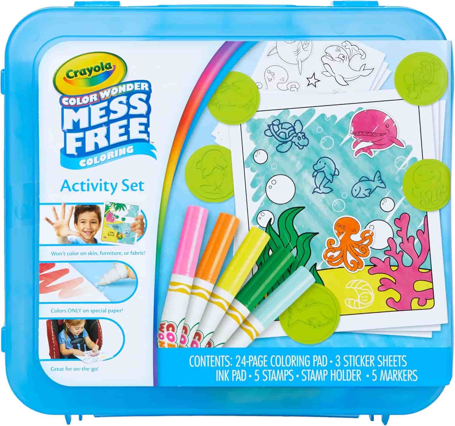 Crayola Color Wonder Mess Free Coloring Activity Set with markers, coloring pages, sticker sheets, stamps, ink pad, and stamp holder in a blue plastic case.