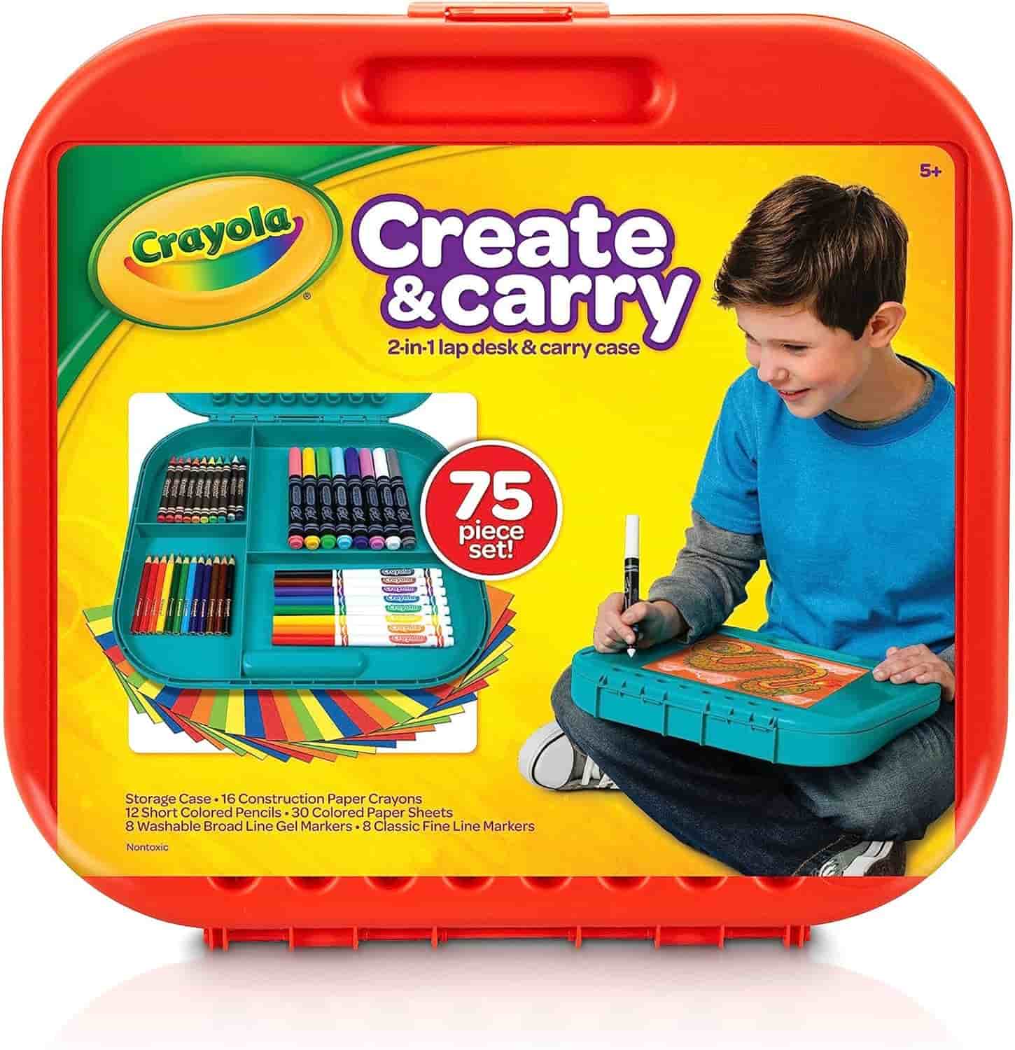 A Crayola Create & Carry 75-piece art set in a red case, featuring a child using the set as a lap desk with various coloring supplies shown inside.