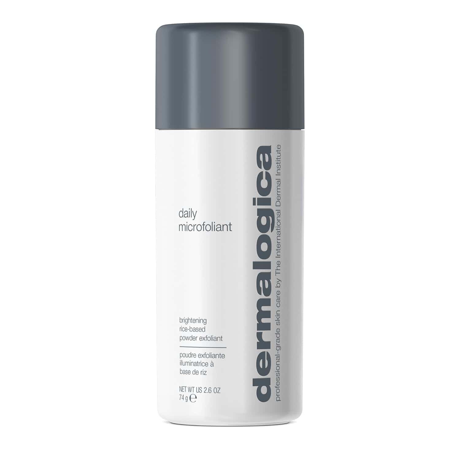 A white bottle of Dermalogica Daily Microfoliant with a gray cap, featuring product details and branding in black and gray text.