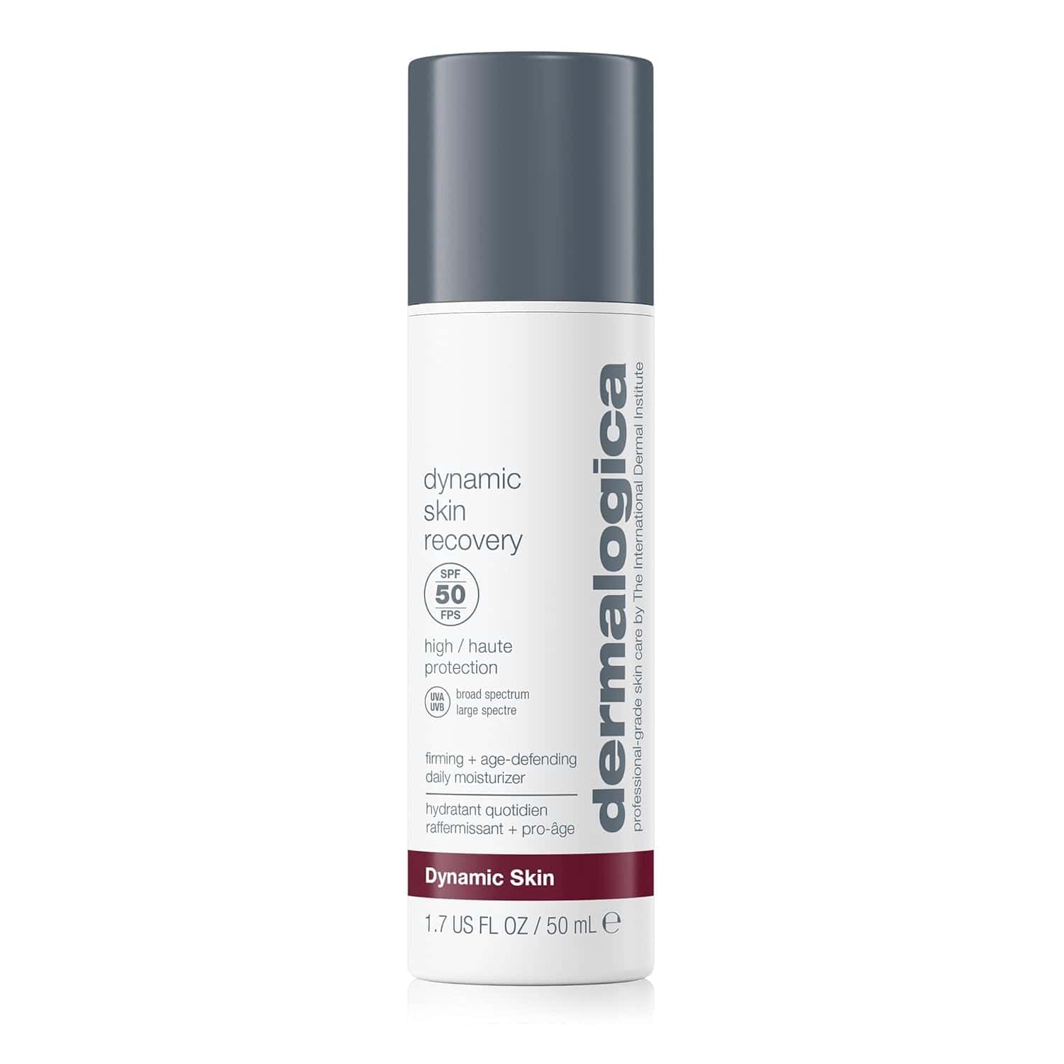 Dermalogica Dynamic Skin Recovery SPF 50 moisturizer, 1.7 fl oz (50 ml) bottle, with gray cap and white label featuring product details.