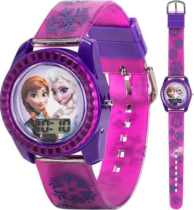 Purple and pink children's digital wristwatch featuring Anna and Elsa from Disney's Frozen, with snowflake patterns on the strap and an LED digital display.