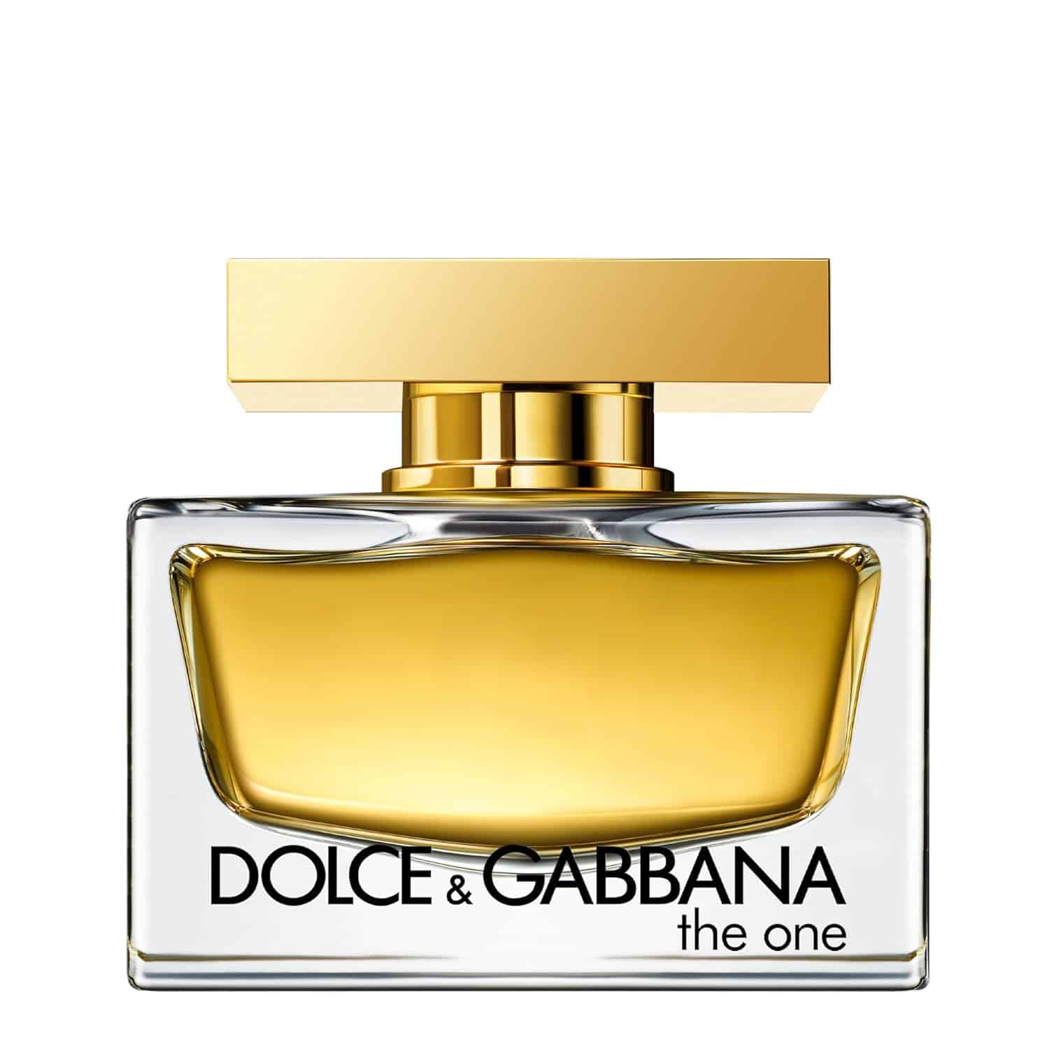 A bottle of Dolce & Gabbana The One perfume, featuring a rectangular clear glass container with gold cap and yellow liquid inside.