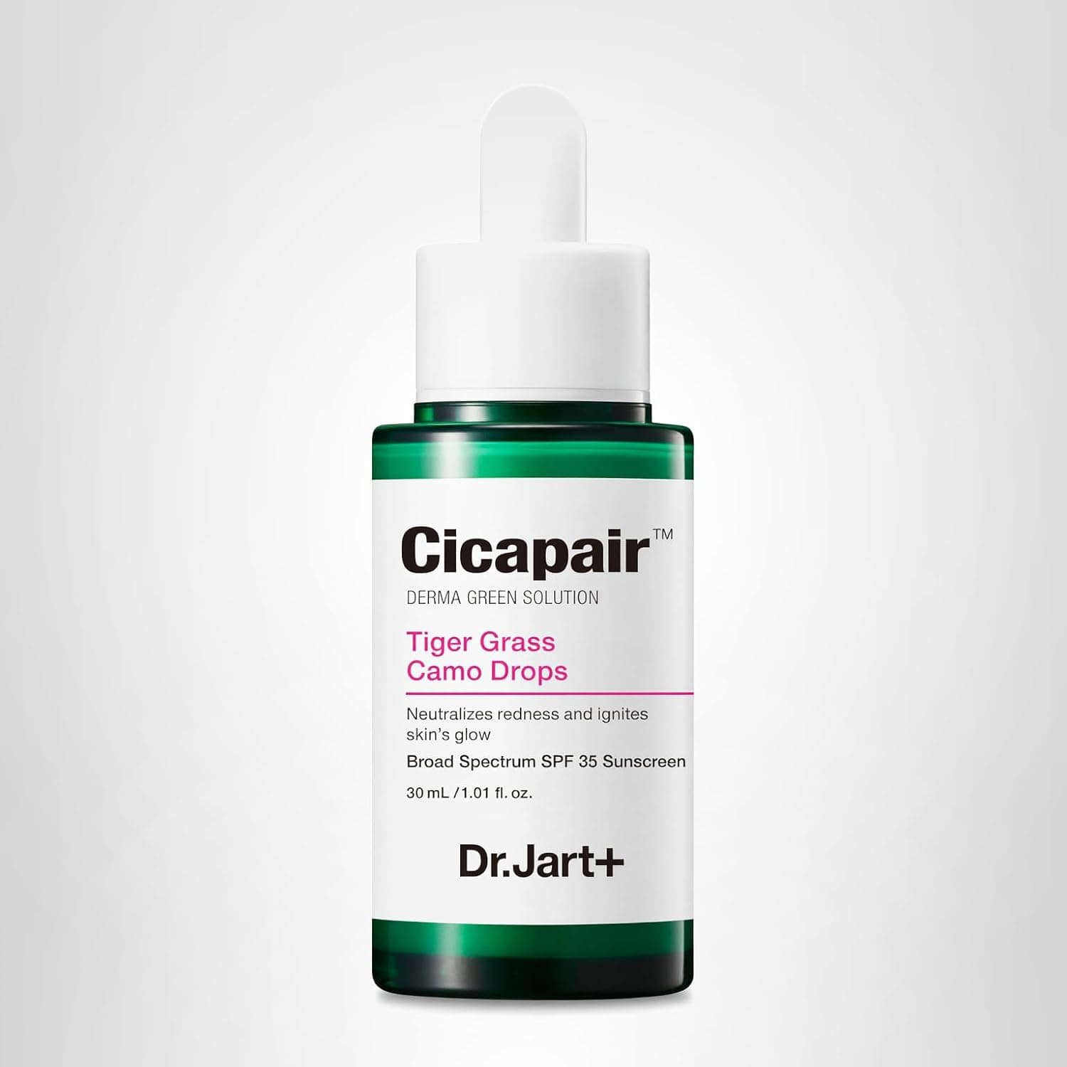 A bottle of Dr.Jart+ Cicapair Tiger Grass Camo Drops with a dropper cap, labeled as SPF 35 sunscreen and skin redness neutralizer, 30 mL size, against a white background.