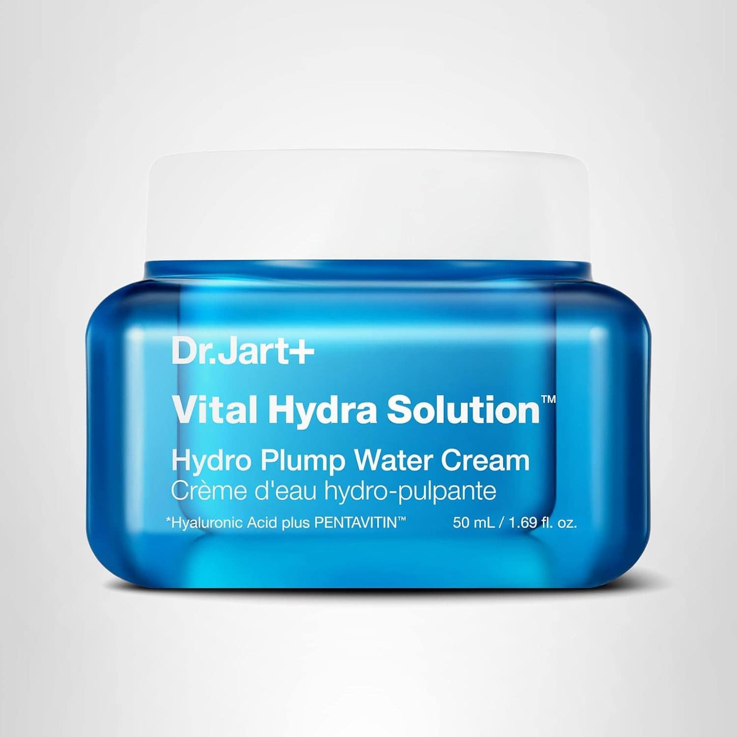 A blue 50ml jar of Dr.Jart+ Vital Hydra Solution Hydro Plump Water Cream with white lid, photographed against a light gray background.