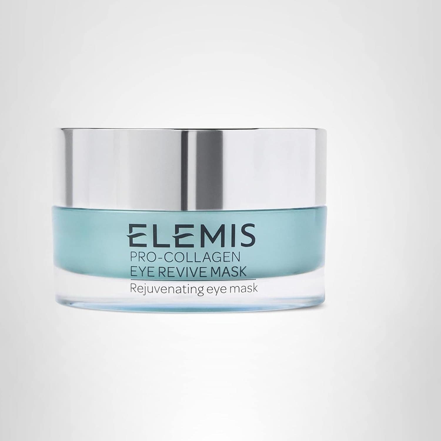 A jar of Elemis Pro-Collagen Eye Revive Mask with a silver lid and blue gel inside, labeled as a rejuvenating eye mask, on a plain light background.