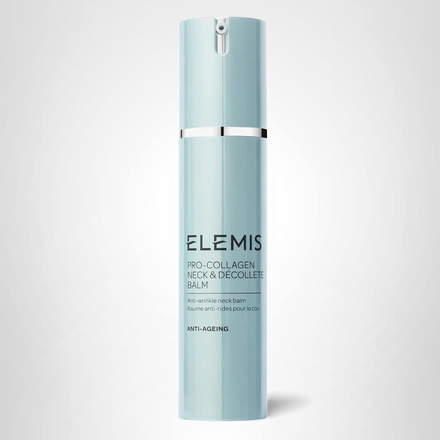 A light blue bottle of Elemis Pro-Collagen Neck & Décolleté Balm with anti-ageing and anti-wrinkle claims, standing upright on a light background.