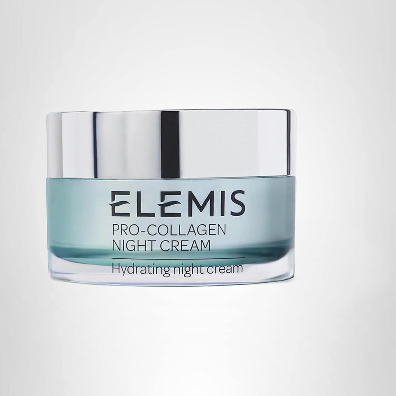 A jar of Elemis Pro-Collagen Night Cream with a silver lid and light blue container, labeled "Hydrating night cream" on a plain white background.