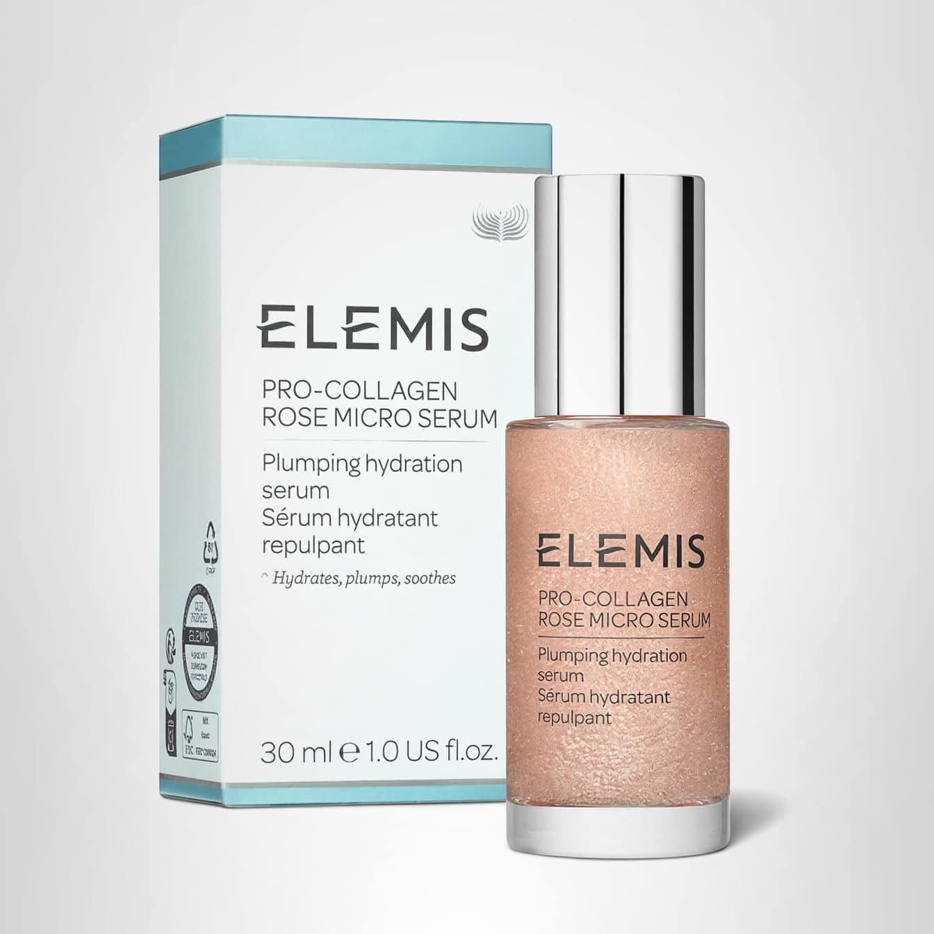 A bottle of Elemis Pro-Collagen Rose Micro Serum is shown in front of its box, labeled for plumping hydration and containing 30 ml (1.0 US fl oz).