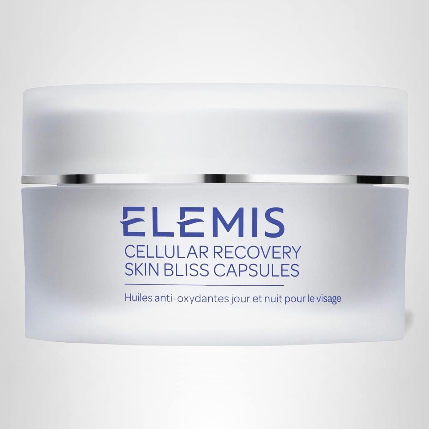 A white jar labeled "Elemis Cellular Recovery Skin Bliss Capsules" with text in French and English, photographed against a light gray background.