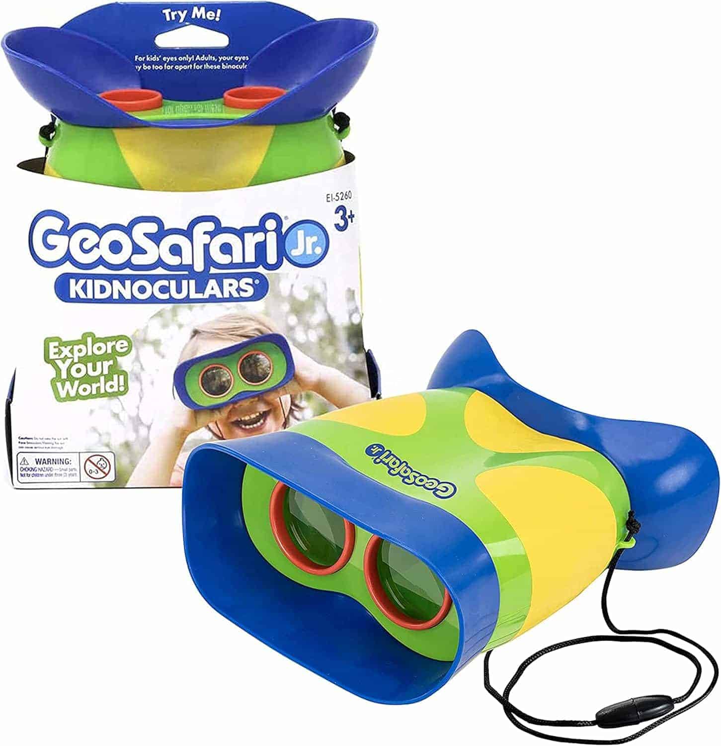 Colorful GeoSafari Jr. Kidnoculars toy binoculars with neck strap are shown beside their packaging, which features an image of a child using the product and age recommendation for 3+.