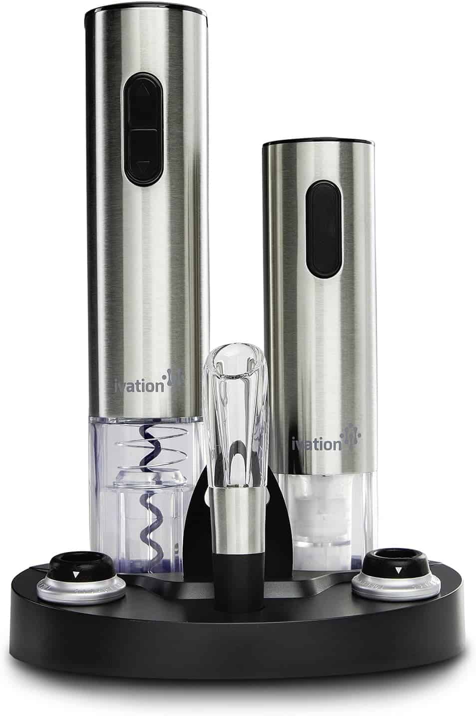 A stainless steel electric wine opener set with bottle opener, wine preserver, aerator, and two stoppers, all displayed on a black charging base.