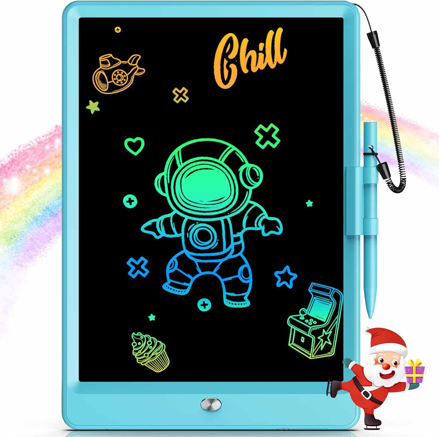 Blue digital drawing tablet displaying neon sketches of an astronaut, airplane, cupcake, arcade machine, and the word "chill," with a stylus attached and a Santa sticker at the corner.