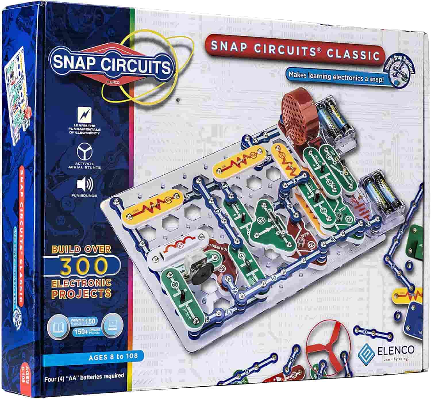 Snap Circuits Classic electronics kit box showing components assembled on a plastic board; labeled for ages 8 to 108 and over 300 projects.