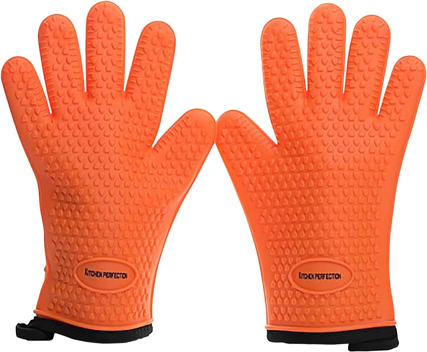 A pair of orange silicone textured oven mitts with embossed patterns and black cuffs, laid flat with palms facing up.