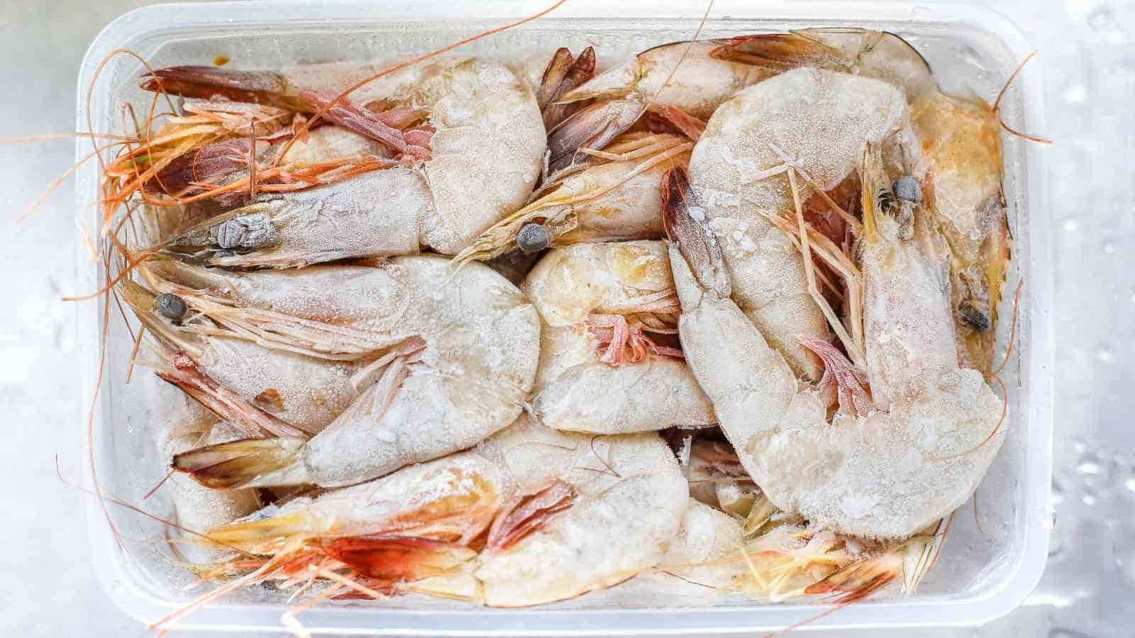 A plastic container filled with several frozen shrimp, covered in ice crystals.