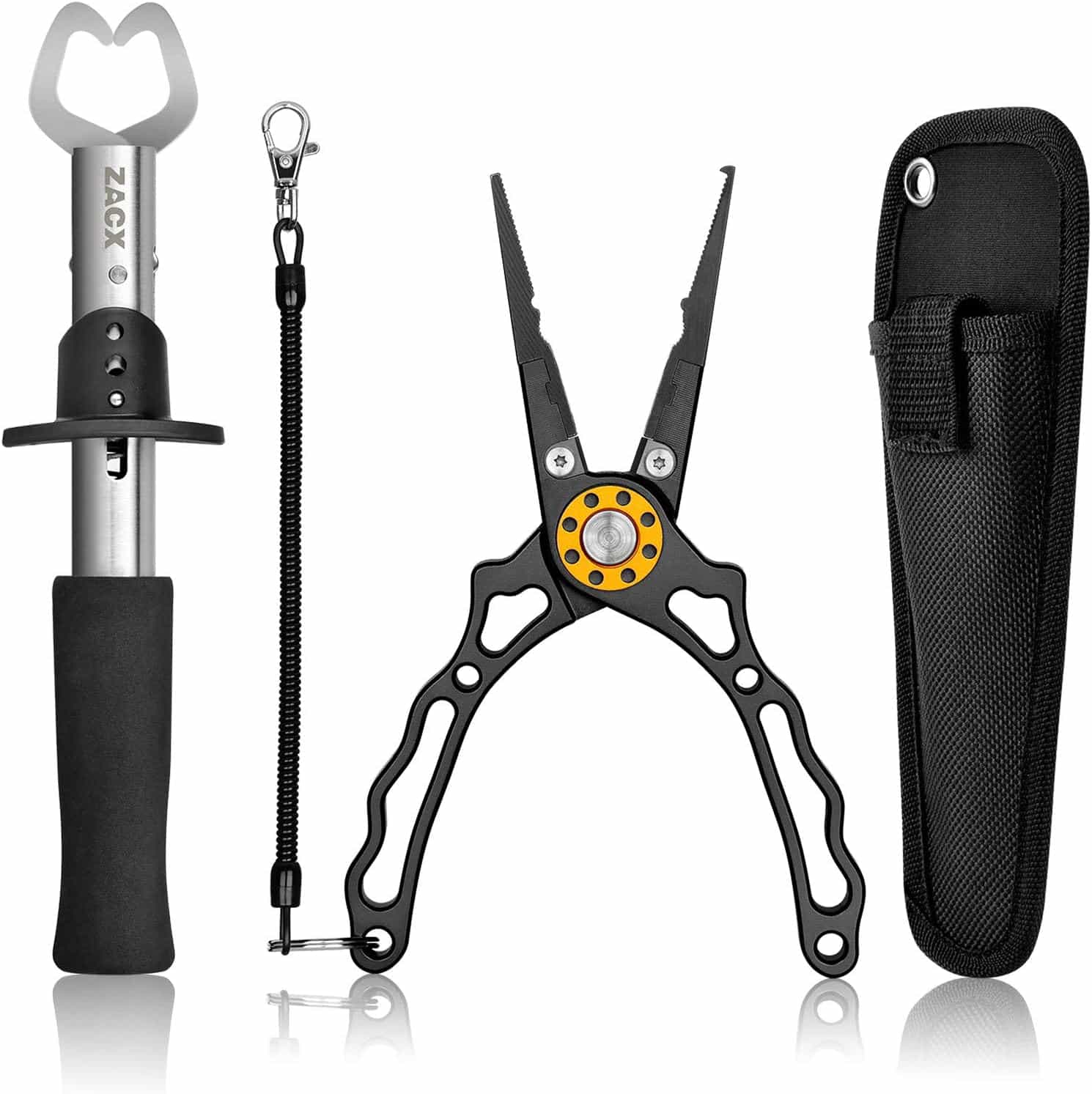 Fishing tool set including a fish lip gripper with foam handle, fishing pliers with yellow pivot, coiled lanyard, and a black nylon sheath.