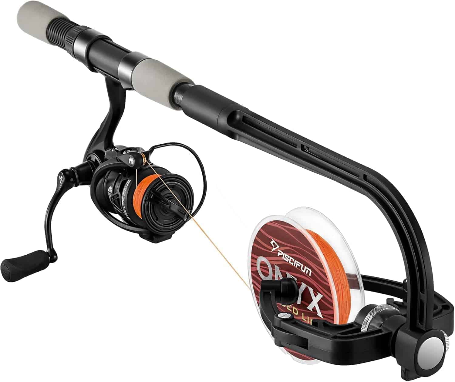 A fishing reel spooling machine with a spool of orange fishing line attached, designed for winding line onto a fishing reel.