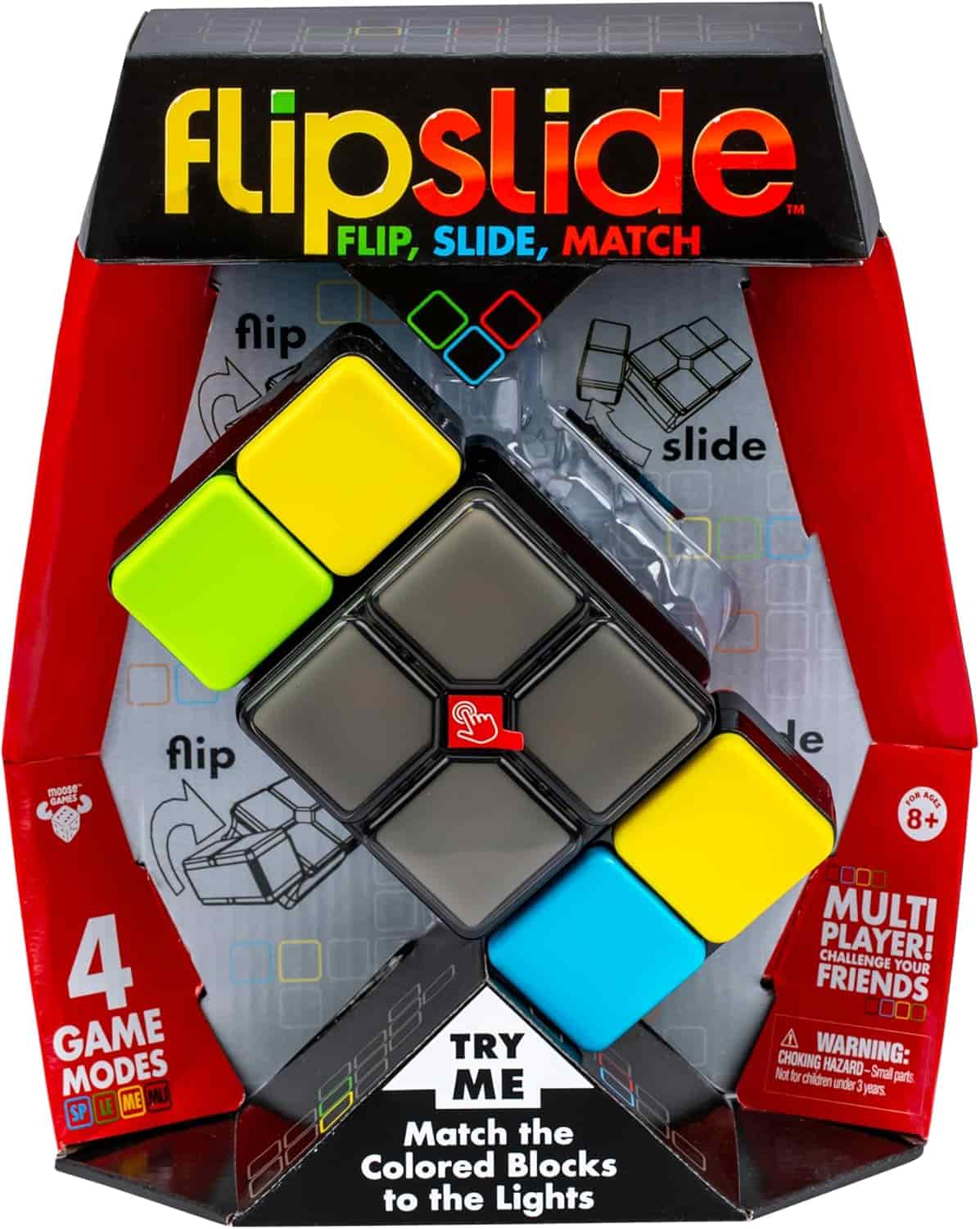 Flipslide electronic puzzle game in packaging, featuring colored blocks and instructions to match the blocks to the lights. Suitable for ages 8 and up with four game modes.