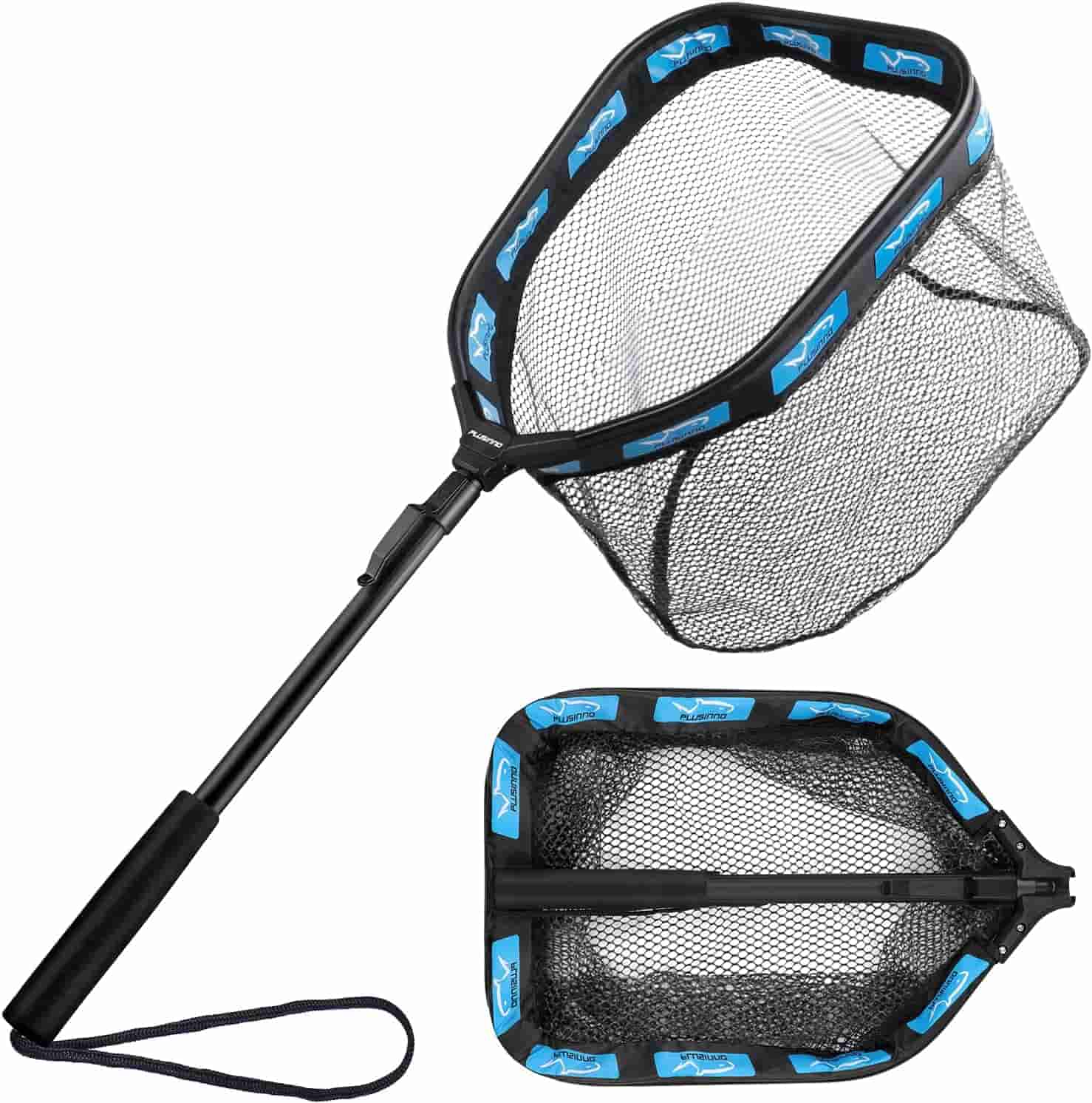A black fishing net with a rectangular frame, telescopic handle, and blue accents, shown from a side angle and a top-down view.