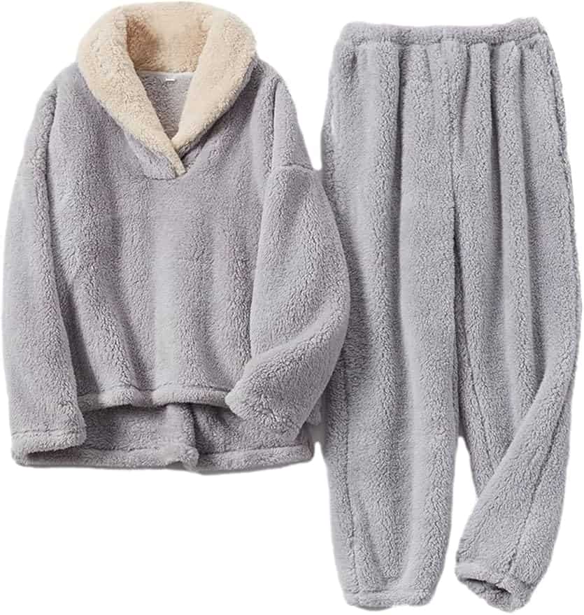 A two-piece gray fleece pajama set with a long-sleeve pullover top featuring a cream-colored sherpa collar and matching elastic-waist pants.