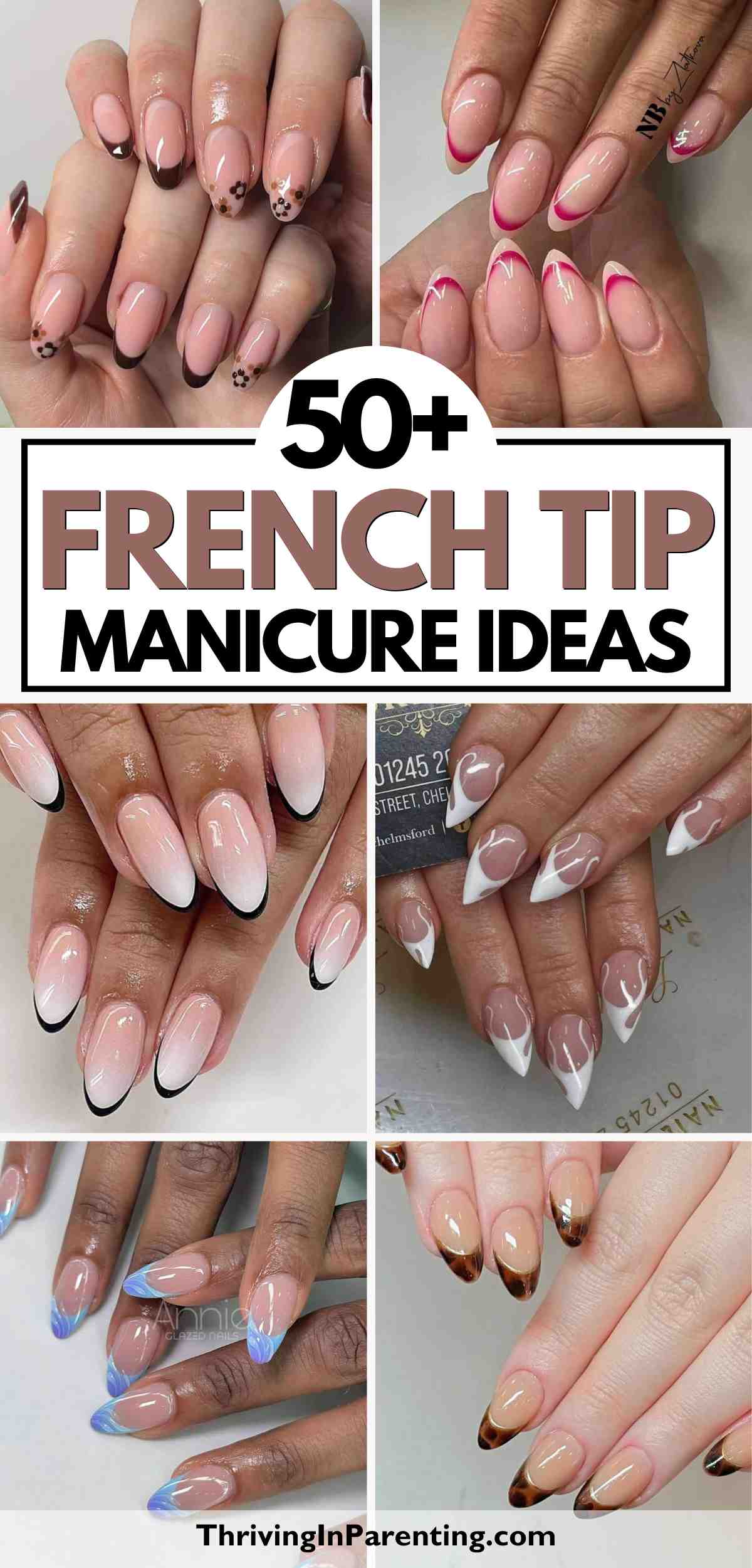 Collage of various hands displaying different French tip manicure styles, featuring designs with colored tips, patterns, and nail art. Text reads “50+ French Tip Manicure Ideas.”.
