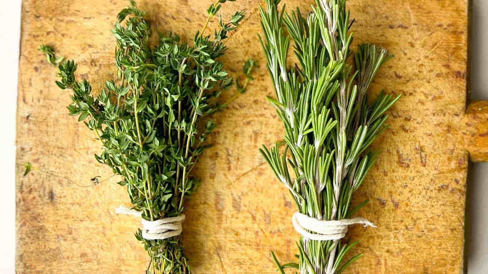 Two bundles of fresh herbs, thyme on the left and rosemary on the right, tied with string and placed on a wooden cutting board.