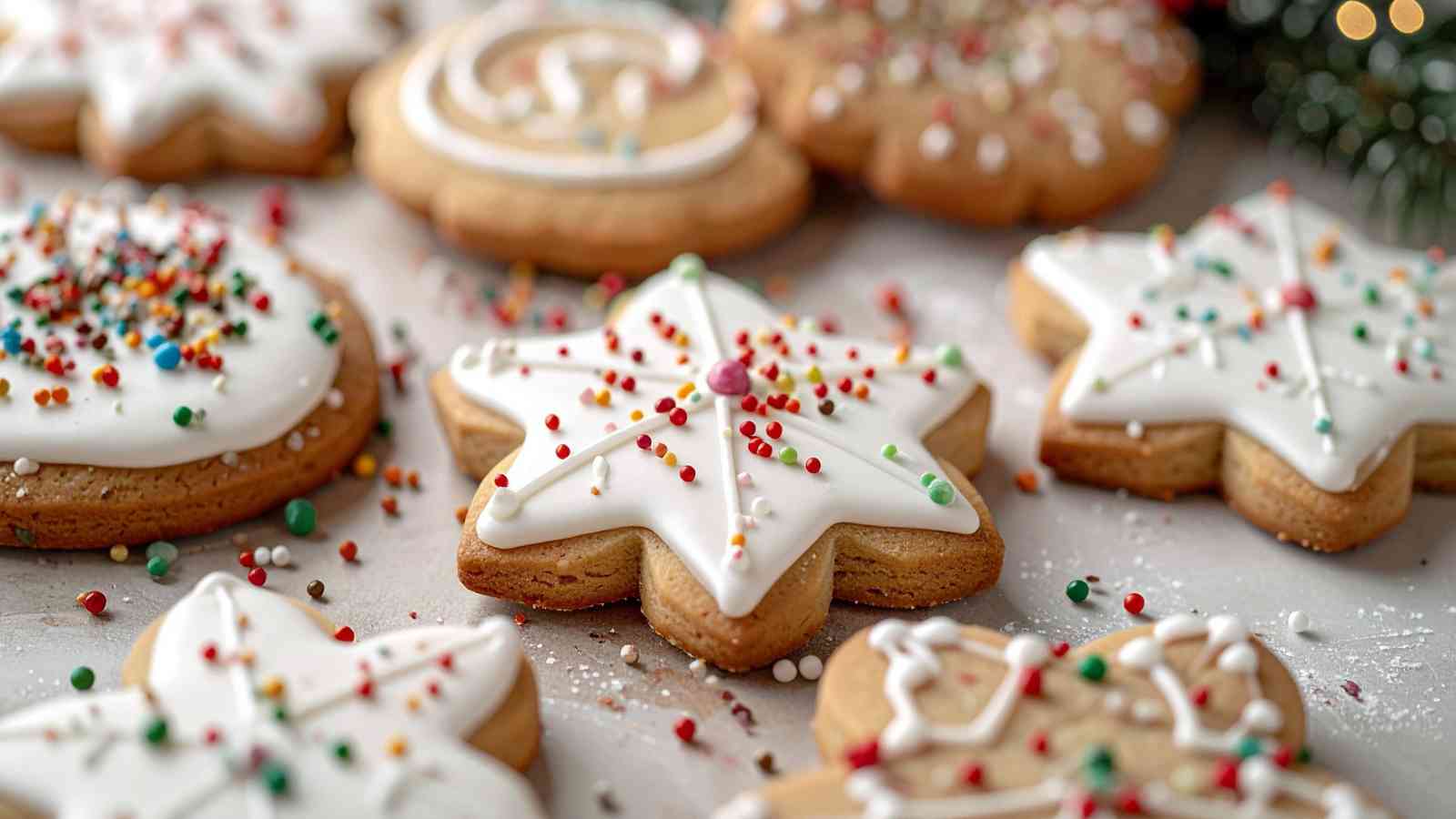 Assorted star-shaped and round sugar cookies with white icing and colorful sprinkles arranged on a light surface.