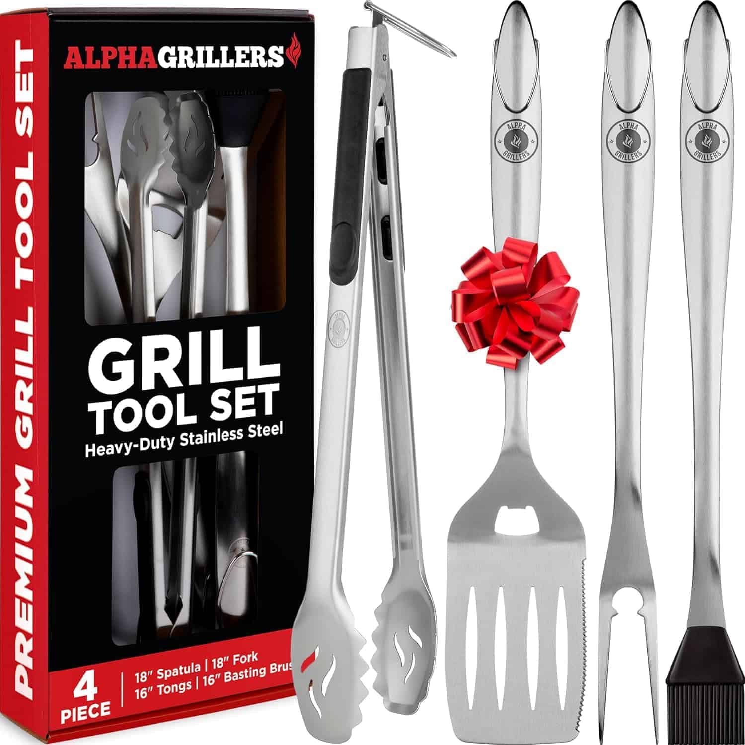 Alpha Grillers 4-piece stainless steel grill tool set with spatula, fork, tongs, and basting brush, shown next to red and black product box.