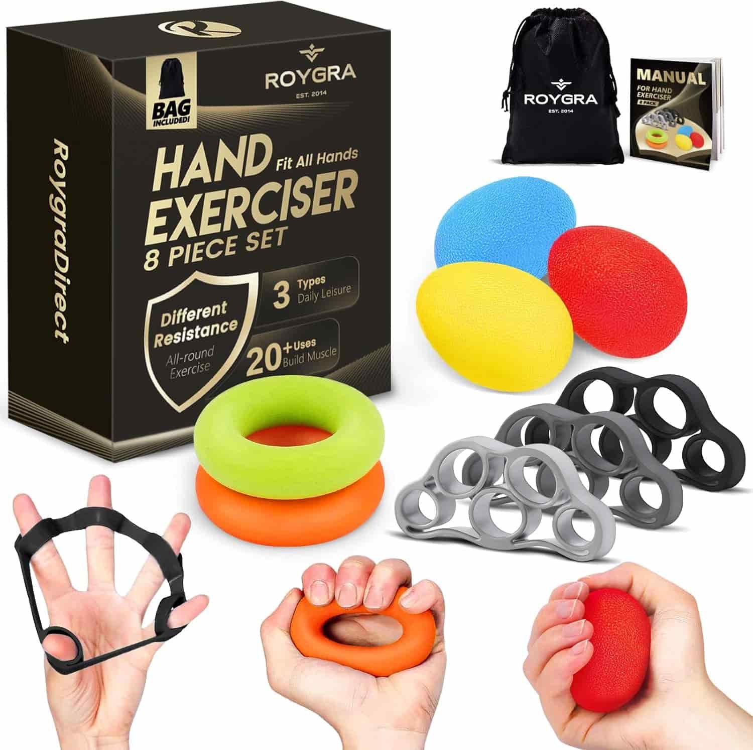 8-piece hand exerciser set includes grip rings, finger stretchers, exercise eggs in various colors, carrying bag, and manual, shown with packaging.