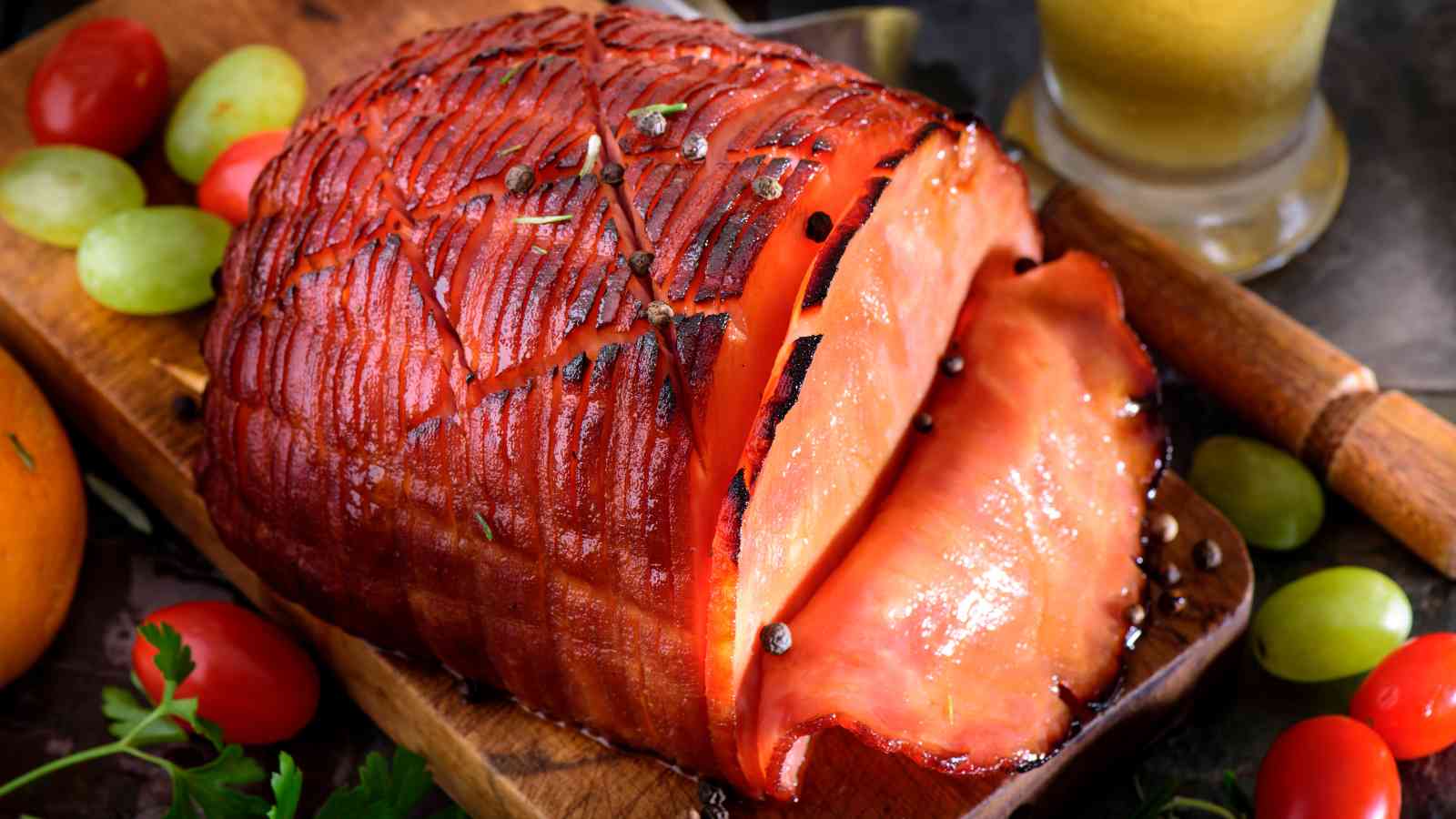 A glazed, baked ham with crosshatch cuts topped with peppercorns on a wooden board, surrounded by grapes, tomatoes, and parsley.