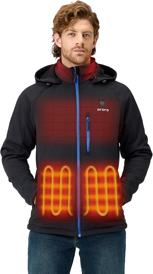 A man wearing a black heated jacket with glowing red and orange heating elements illustrated on the chest and lower front.