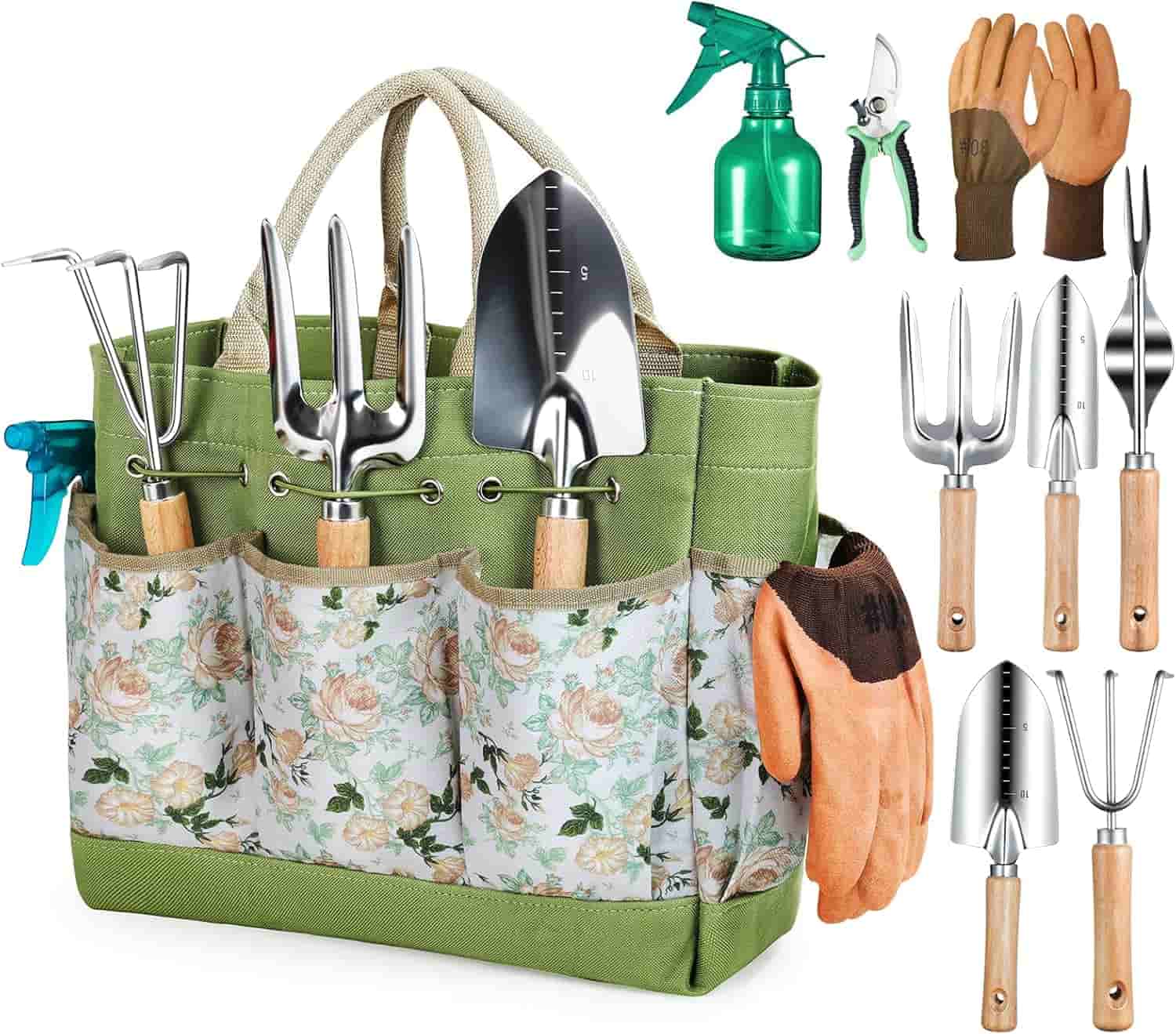 A floral garden tool bag with hand tools, gloves, pruners, and spray bottle neatly arranged; tools include trowels, fork, weeder, and transplanter.