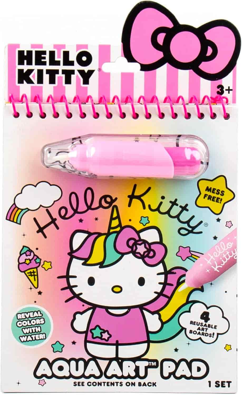 Hello Kitty Aqua Art Pad set for ages 3+, featuring a unicorn-themed Hello Kitty design, a pink refillable water pen, and reusable coloring boards.