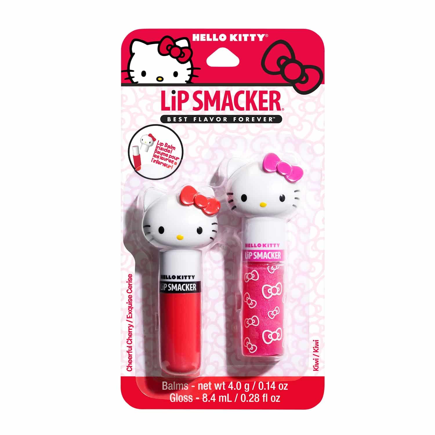 A Hello Kitty Lip Smacker set in packaging, featuring one red lip balm and one pink lip gloss with Hello Kitty-themed caps and designs.