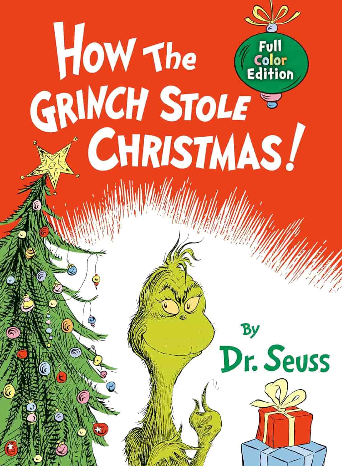 Book cover of "How the Grinch Stole Christmas!" by Dr. Seuss, showing the Grinch beside a decorated Christmas tree and presents on a red background.