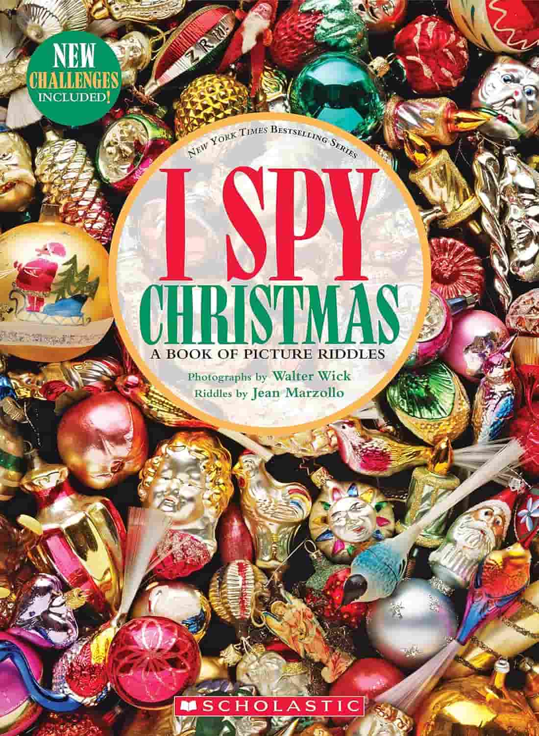 Cover of "I Spy Christmas" book, featuring a crowded assortment of colorful Christmas ornaments and decorations.