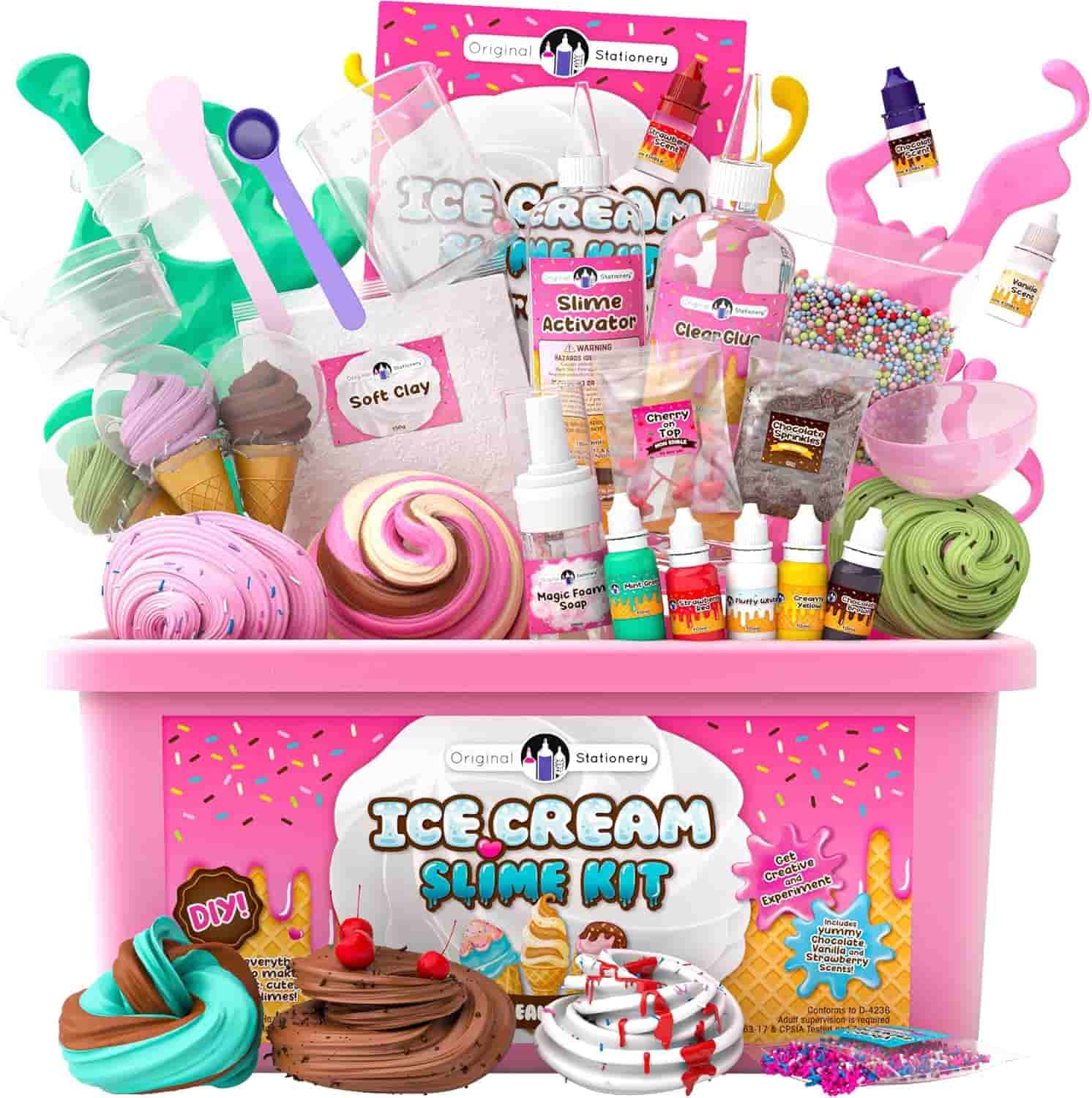 A colorful ice cream-themed slime kit with various containers, bottles, tools, and toppings, arranged in and around a pink storage box labeled "Ice Cream Slime Kit.
