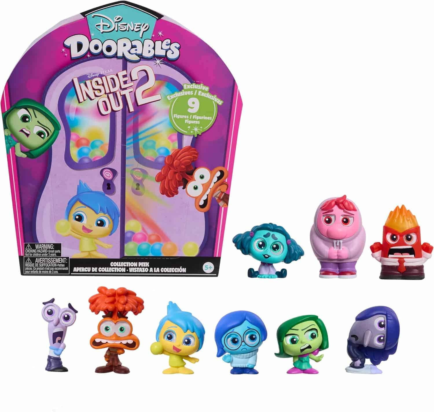 A set of Disney Doorables Inside Out 2 collectible figurines is displayed in front of the product packaging, showing various colorful characters from the movie.
