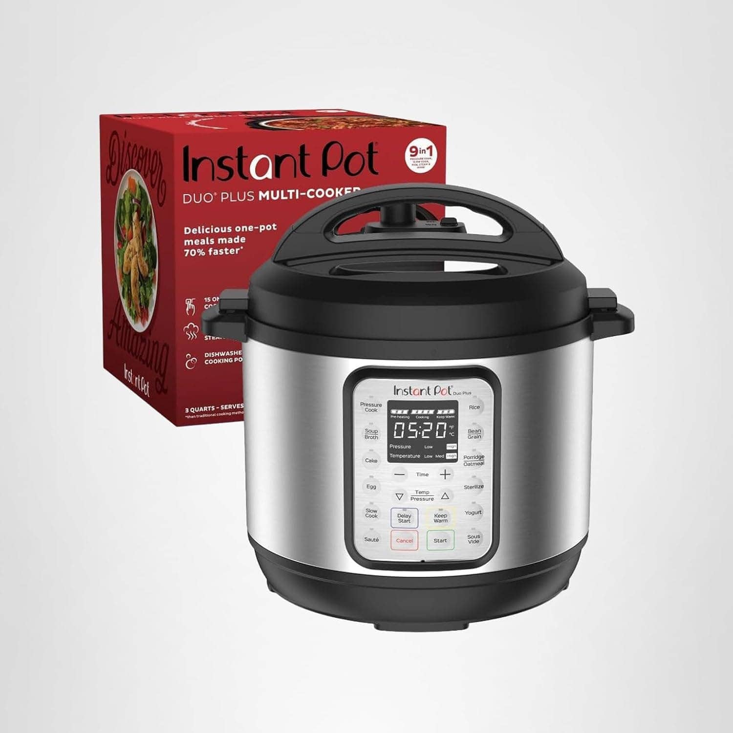 A stainless steel Instant Pot Duo Plus multi-cooker is shown in front of its red retail packaging on a plain background.