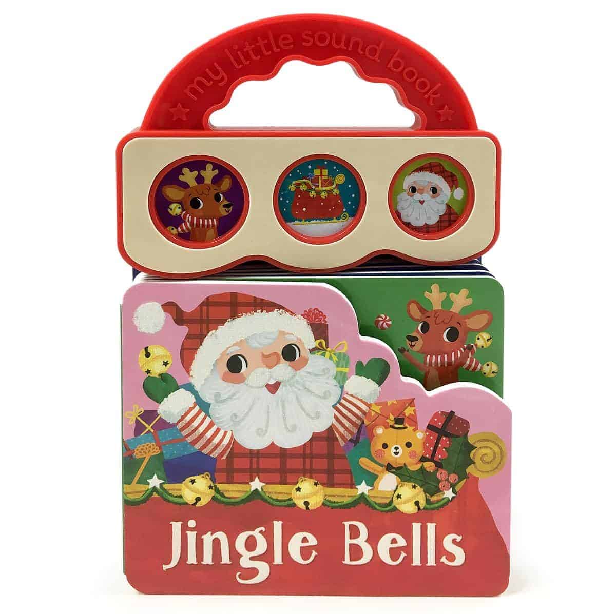 A children's sound book titled "Jingle Bells" featuring illustrations of Santa, a reindeer, and gifts, with three sound buttons on top and a red carrying handle.
