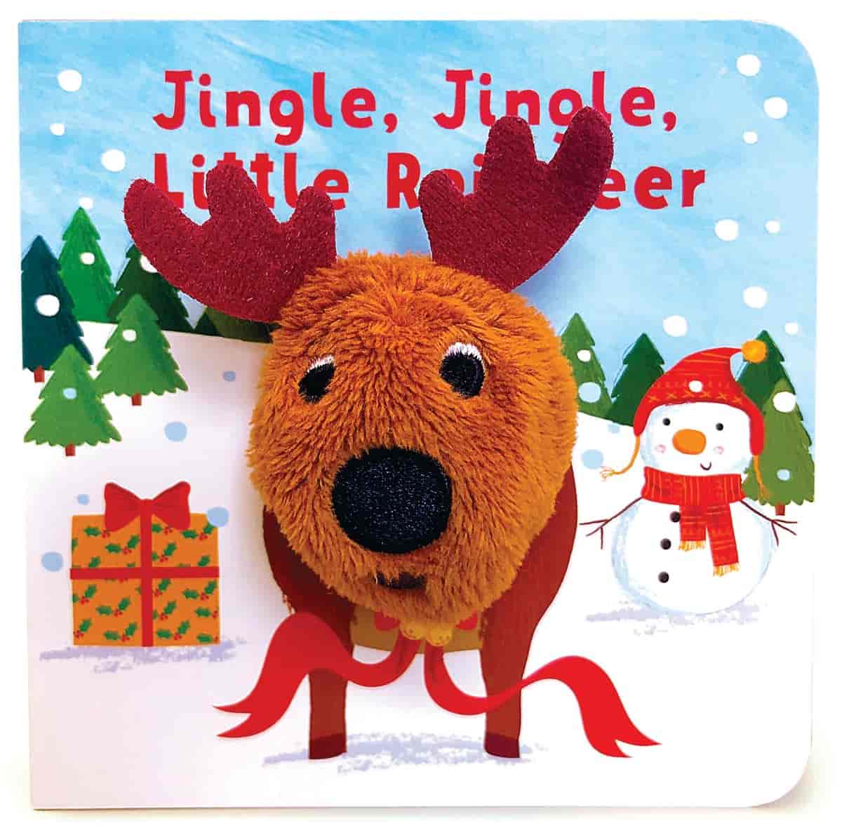 A children's book cover with a plush reindeer face, red antlers, and a snowman, trees, and presents in the background. The title reads "Jingle, Jingle, Little Reindeer.