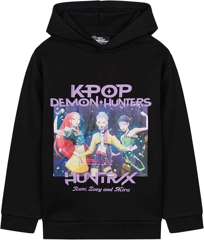 Black hoodie featuring an illustration of three animated characters with the text "KPOP DEMON HUNTERS" and names "Rumi, Zoey and Kira" on the front.
