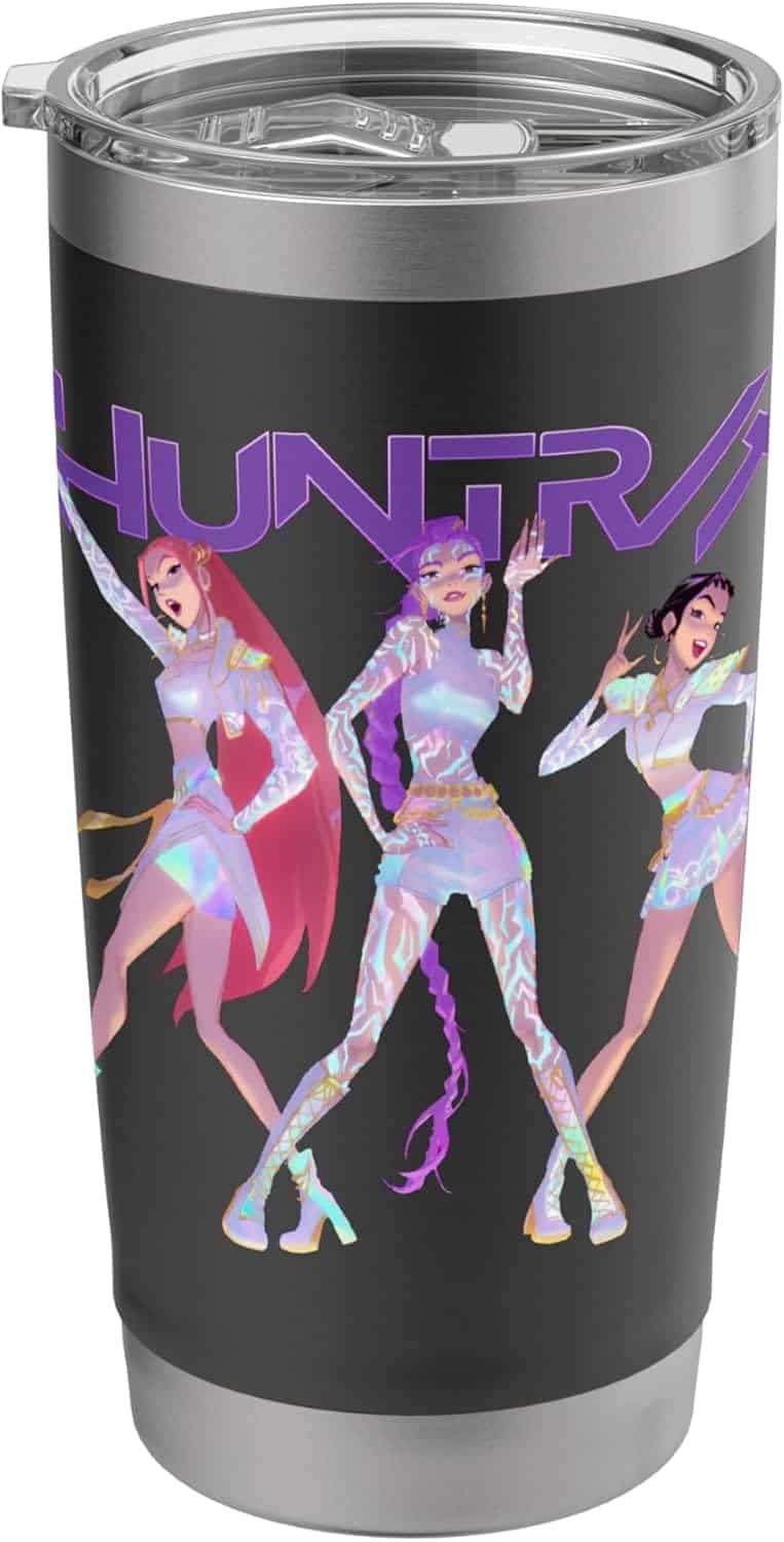 A stainless steel tumbler with a black background, featuring three animated female characters in holographic outfits and the word "HUNTRA" above them.