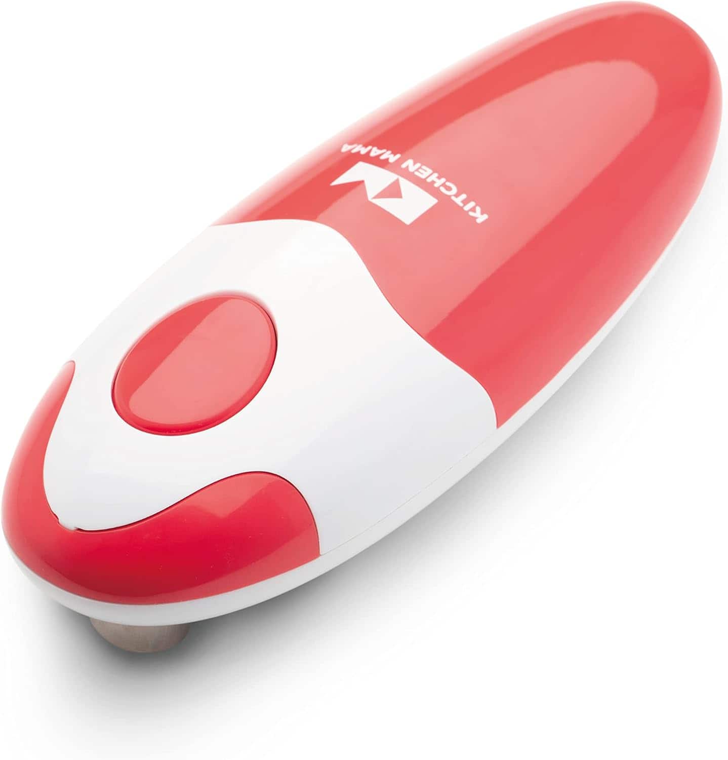 A red and white handheld electric can opener with a single large button on top, branded "Kitchen Mama.