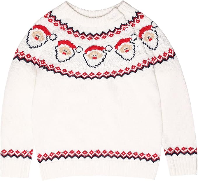 White knitted sweater featuring a pattern of Santa Claus faces and red geometric designs across the chest, neckline, wrists, and hem.
