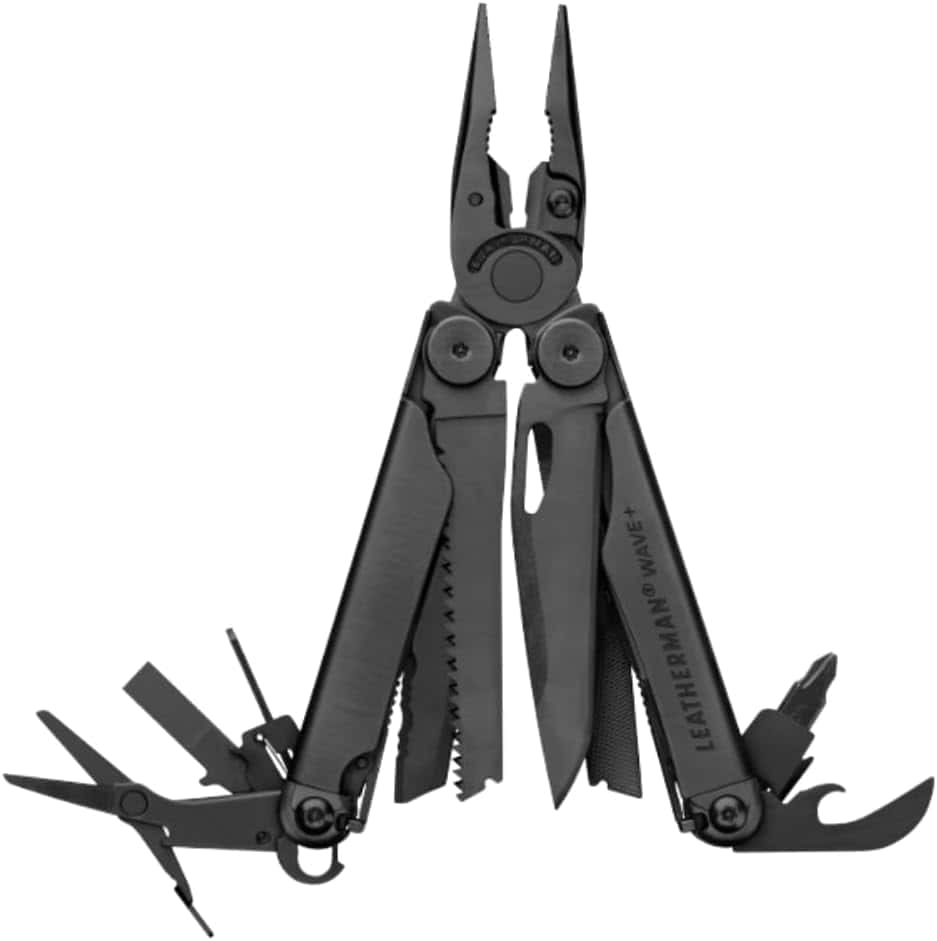 A black Leatherman Wave+ multitool is unfolded, displaying pliers, knives, saw, screwdrivers, and other tools against a white background.