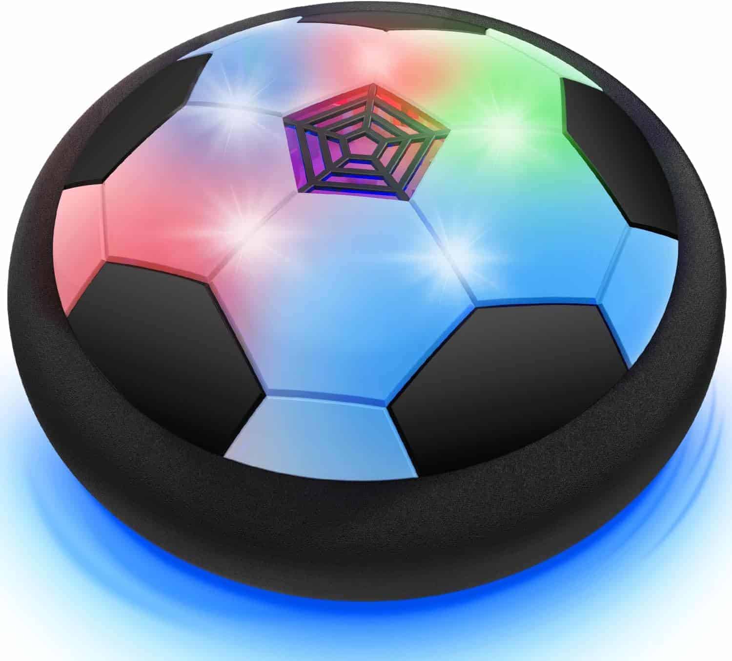 A black and white soccer ball-shaped hover toy with LED lights glowing in blue, red, and green, and a black foam bumper around the edge.