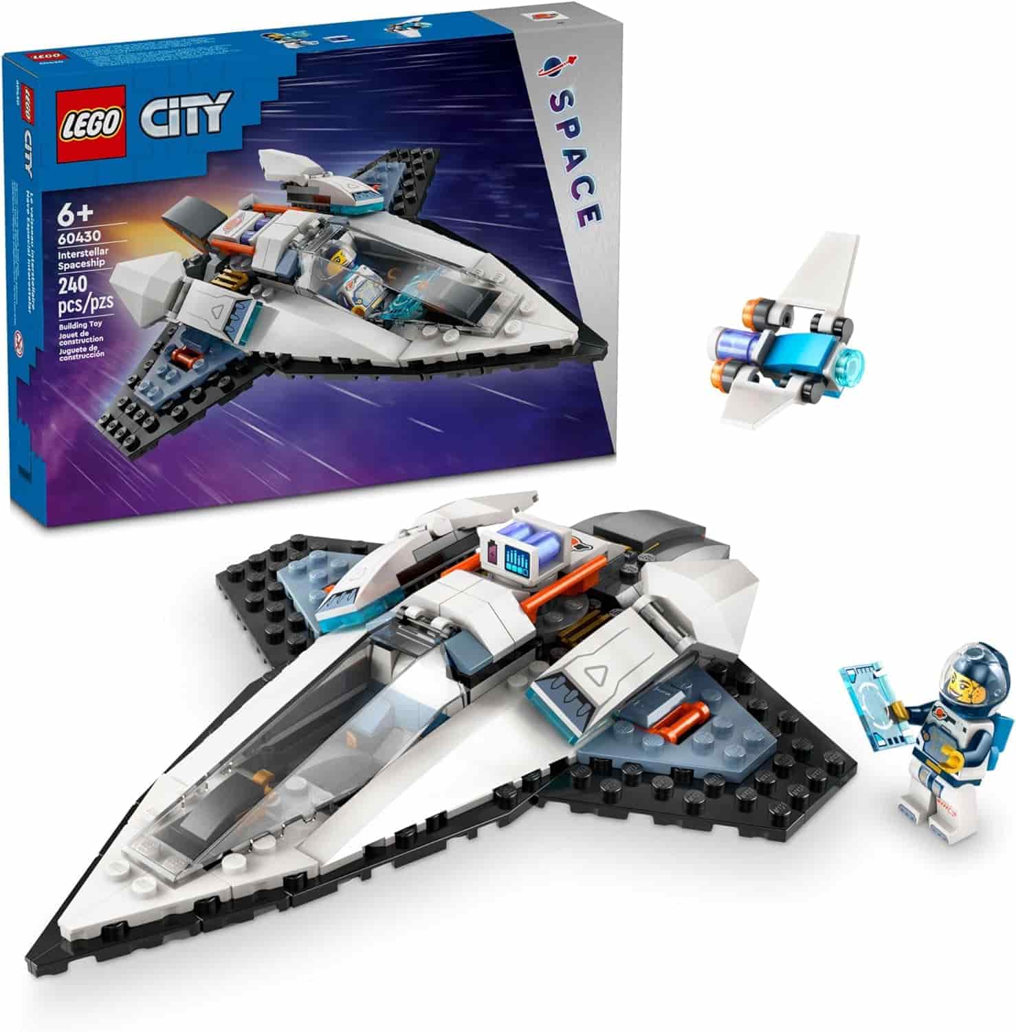 LEGO City Space Shuttle set with a shuttle model, mini spacecraft, astronaut minifigure, and the packaging showing the assembled shuttle.